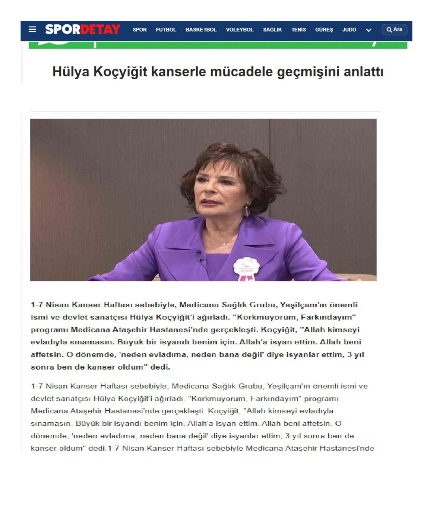 SPORDETAY-Hülya Koçyiğit Kanserle Mücadele